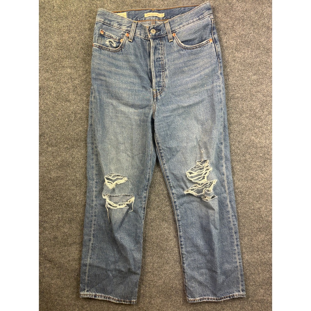 Levi's Ribcage Straight Ankle Jeans Womens 27 Blue Distressed High Rise Denim